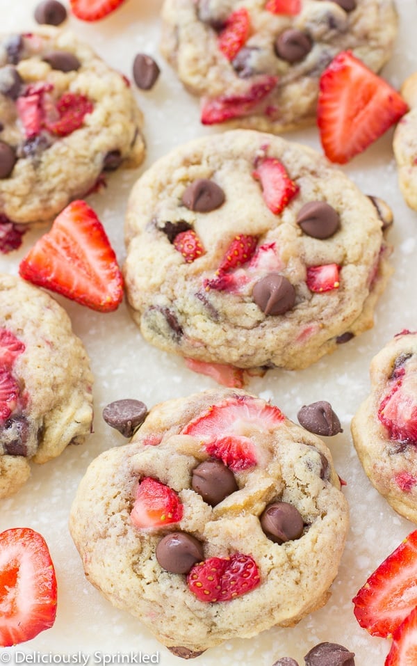 Strawberry Chocolate Chip Cookies in rows.