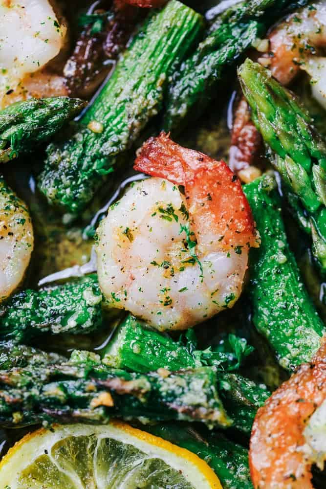 Sheet Pan Lemon Garlic Butter Shrimp with Asparagus close up.