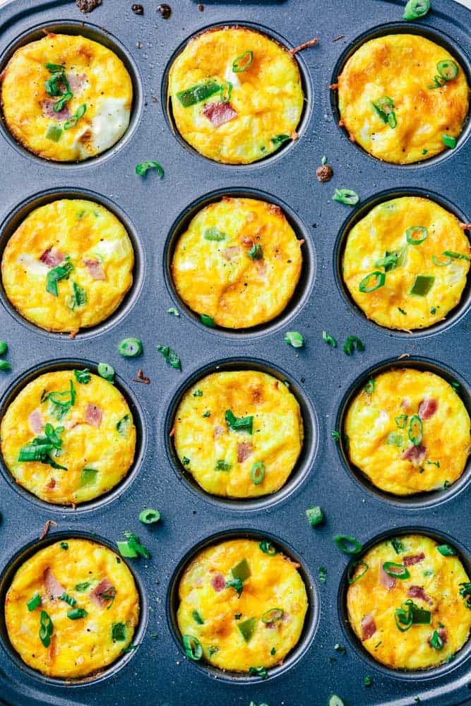 Denver Omelet Breakfast Muffins areal view in rows in a muffin pan.