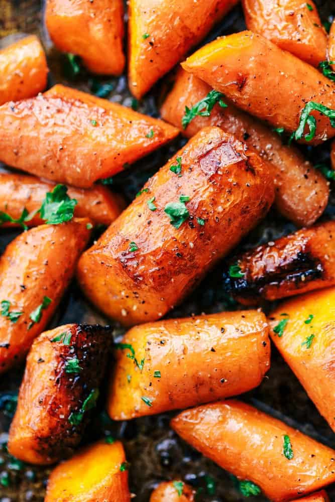 Roasted Brown Butter Honey Garlic Carrots close up.