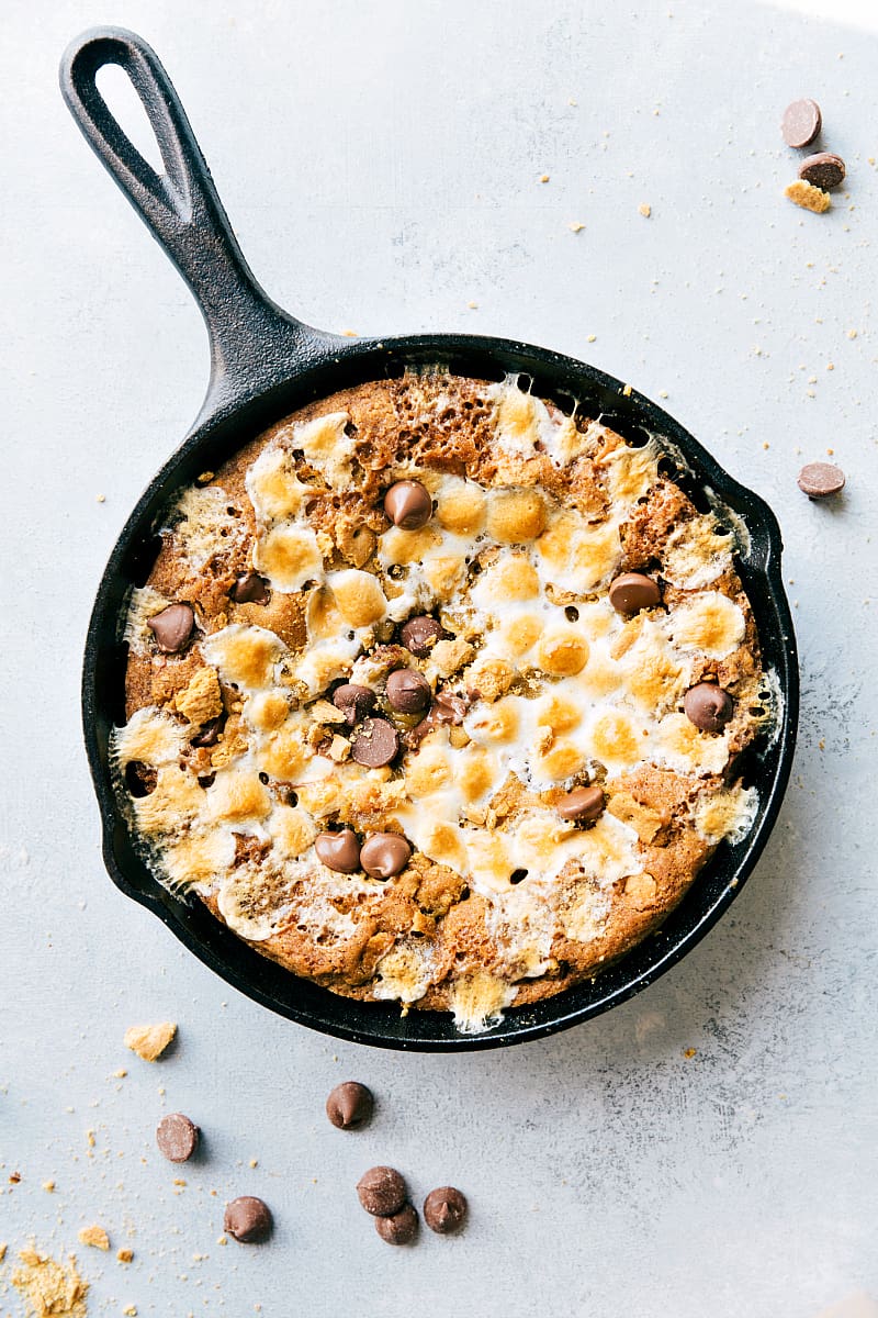 Simple Skillet S'mores Cookie in a cast iron skillet. 