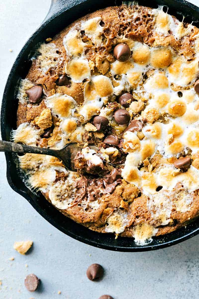 Simple Skillet S'mores Cookie in a cast iron skillet.