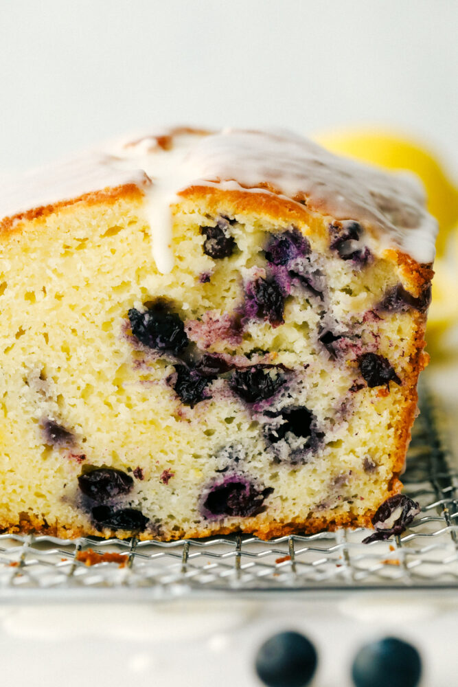 The cross section of the blueberry lemon cake. 