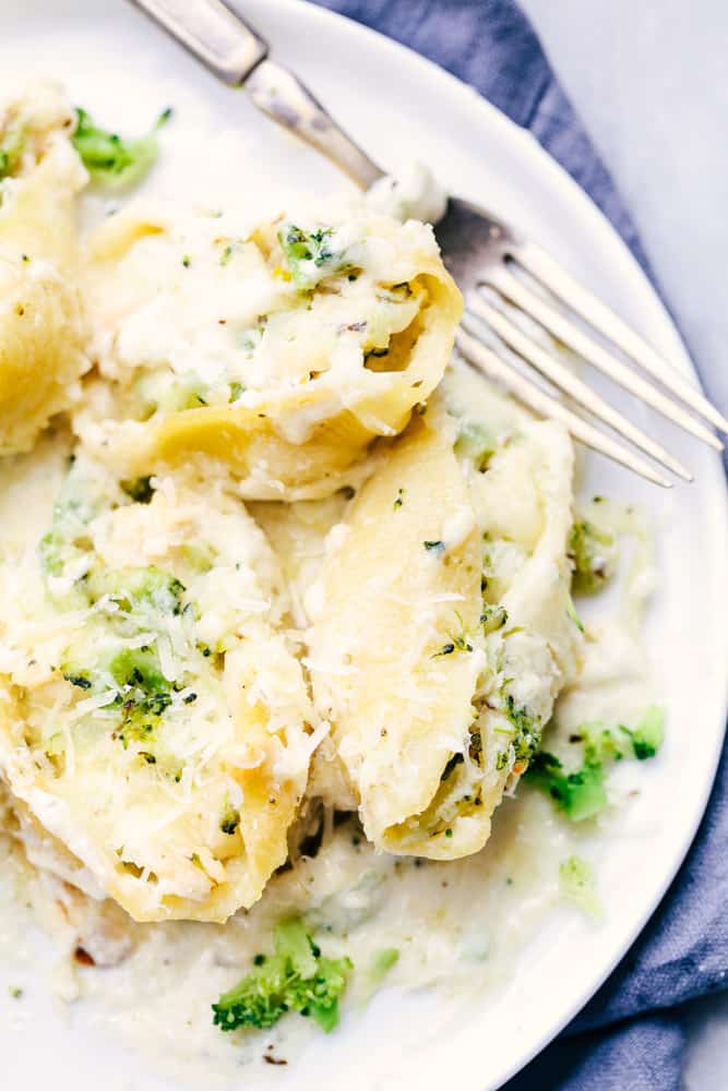 Chicken Broccoli Garlic Alfredo Shells on a white serving plate.