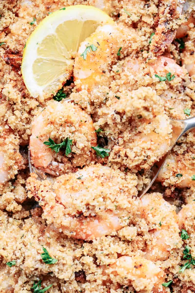 Crunchy Baked Parmesan Garlic Shrimp close up on a spoon.