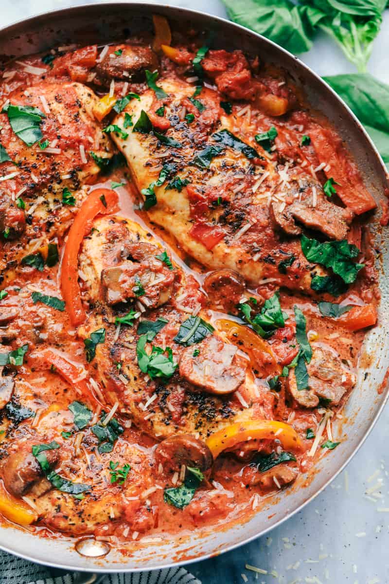 Creamy Skillet Chicken Cacciatore close up in skillet.