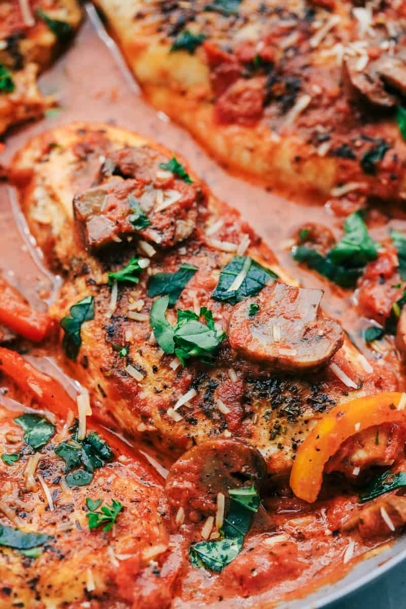 Creamy Skillet Chicken Cacciatore close up.