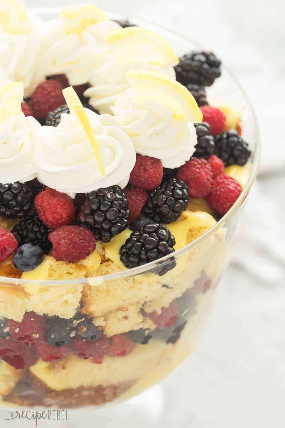Lemon Berry Trifle in a glass dish.