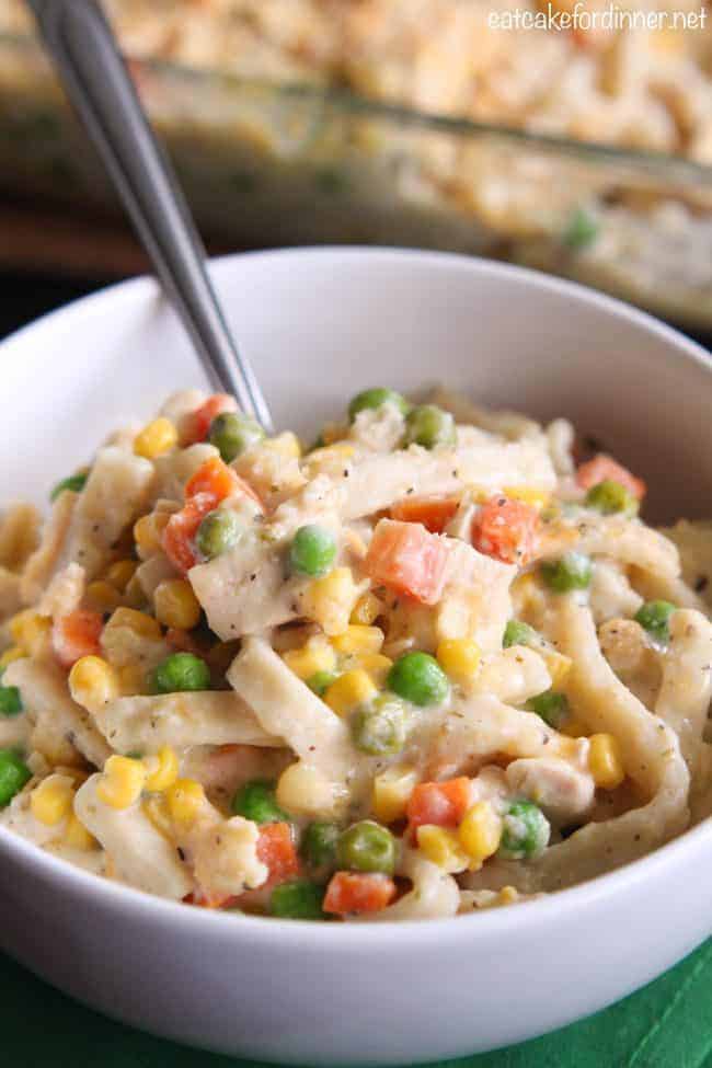 Creamy Chicken Noodle Casserole in a white bowl.