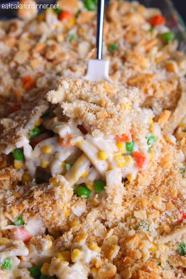 Creamy Chicken Noodle Casserole in pan