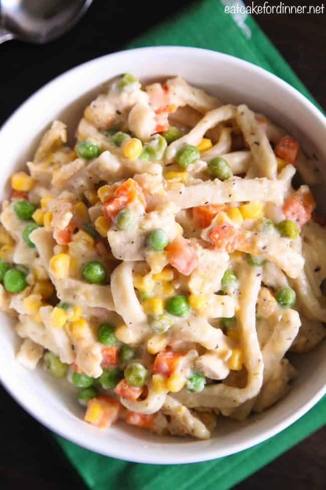 Creamy Chicken Noodle Casserole in a white bowl.