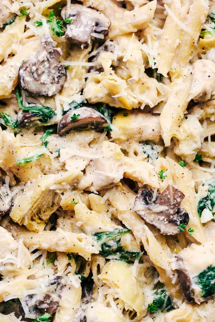 One Pot Creamy Spinach Mushroom Artichoke Chicken up close 