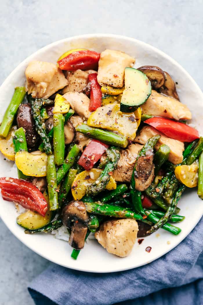 Honey Garlic Chicken Stir Fry on a white plate.