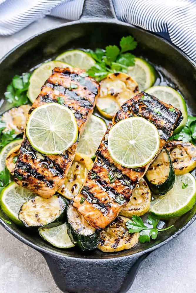 This Grilled Honey Lime Salmon in a black skillet.