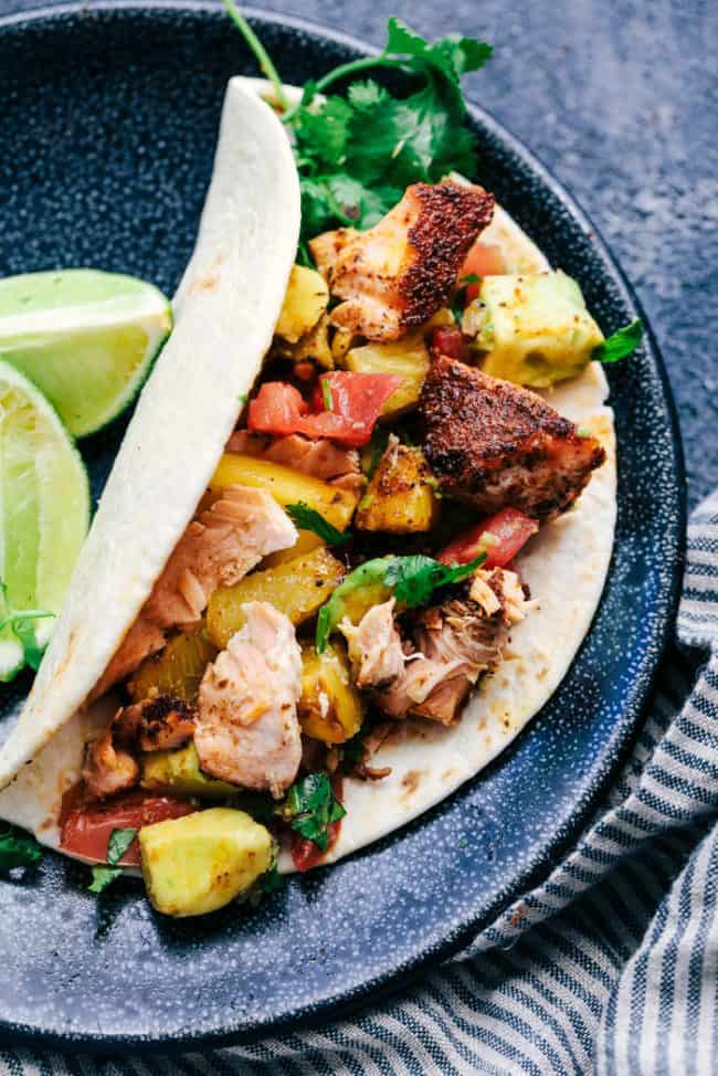 Grilled Spicy Blackened Salmon Tacos with Pineapple Avocado Salsa | The