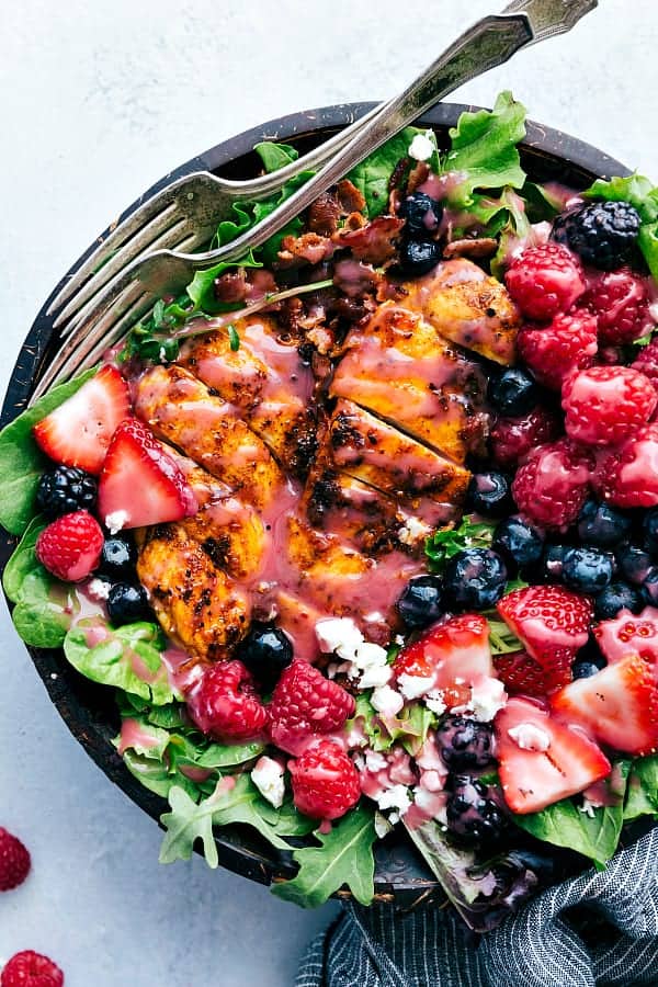 Grilled Berry Feta Chicken Salad in a bowl.