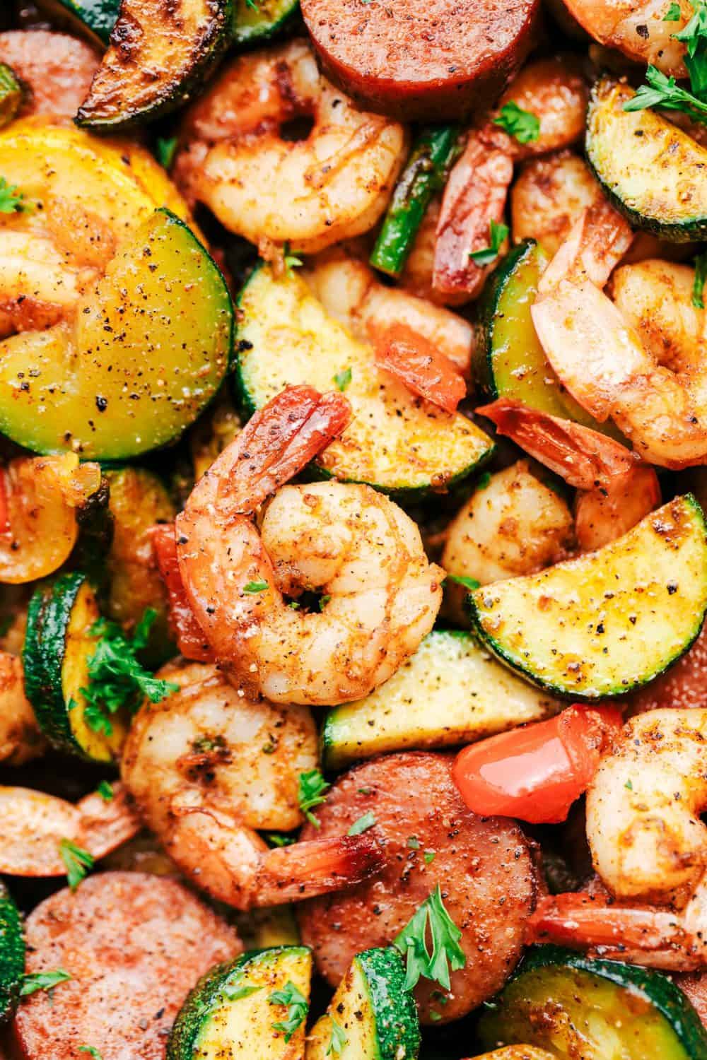 Cajun Shrimp and Sausage Vegetable Skillet close up