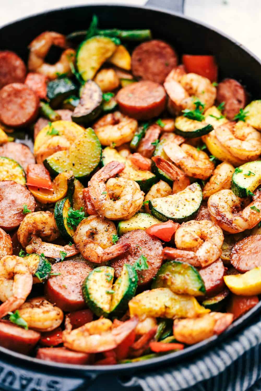 Cajun Shrimp and Sausage Vegetables in a Skillet 