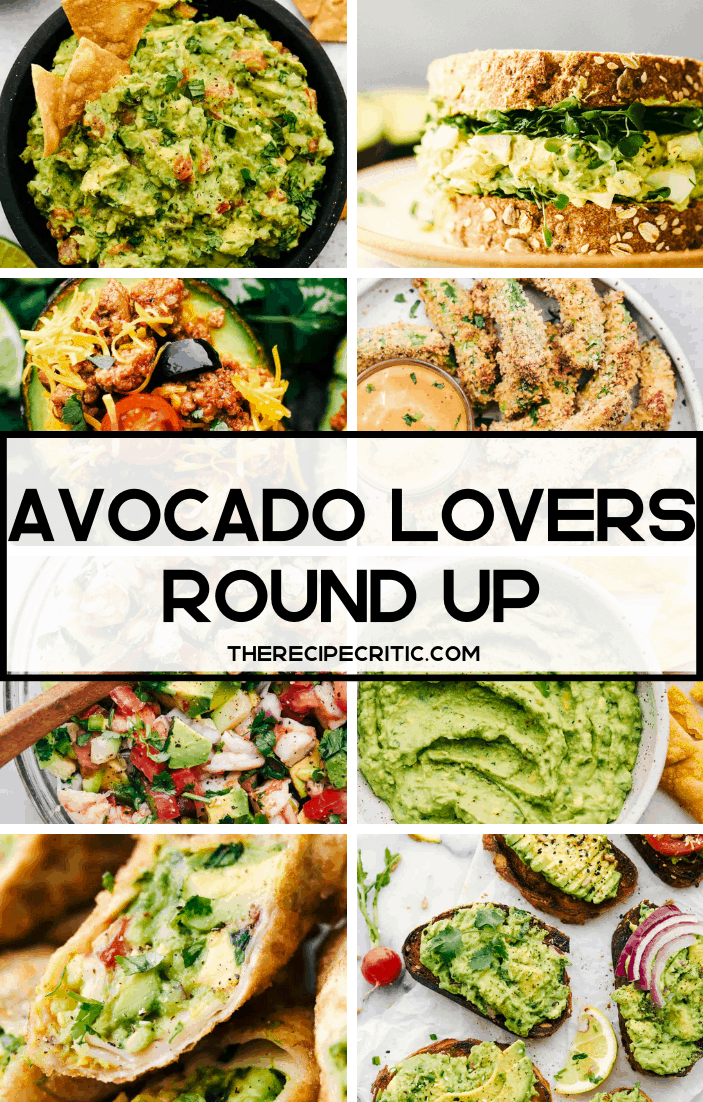 8 photos of avocado recipes in a photo collage. 