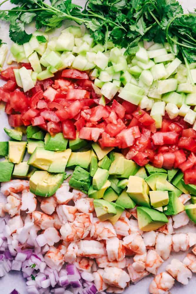 Diced up ingredients for Avocado Shrimp Ceviche.