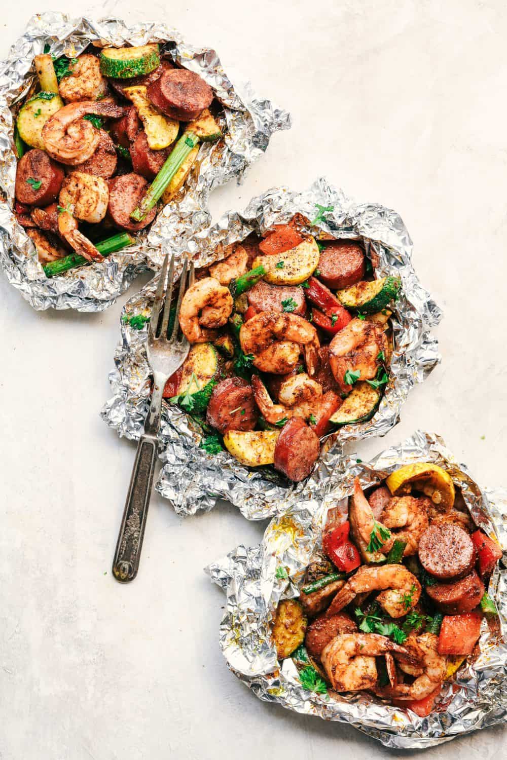 Shrimp and vegetable shop foil packets in oven