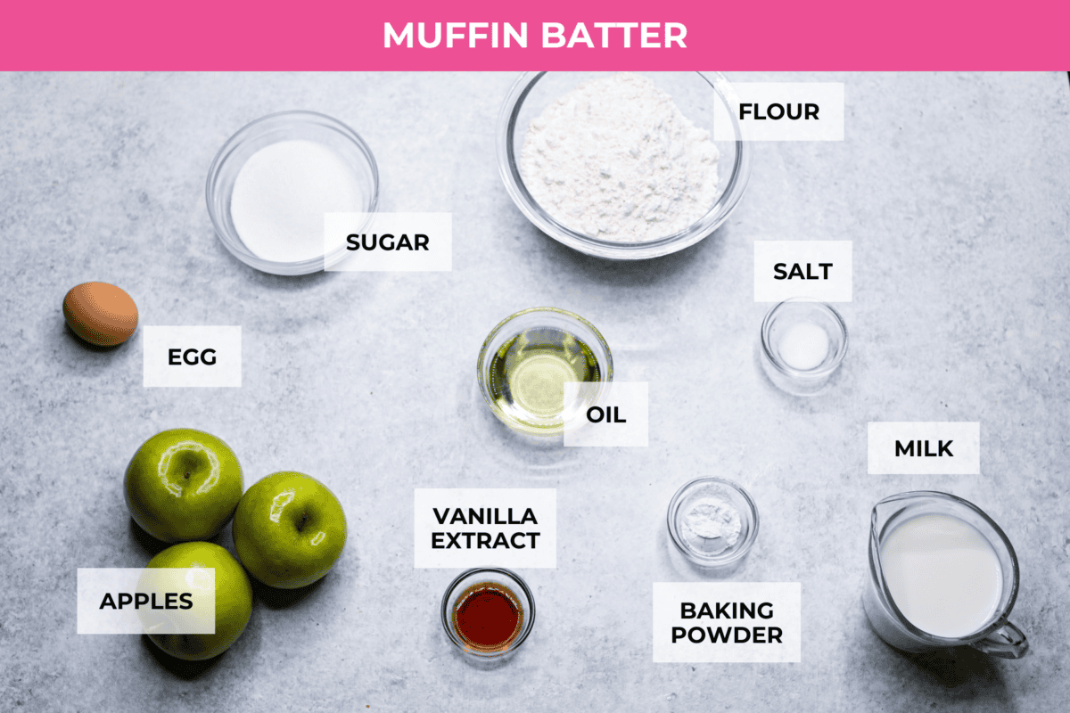 Ingredients listed to make the apple muffin batter.