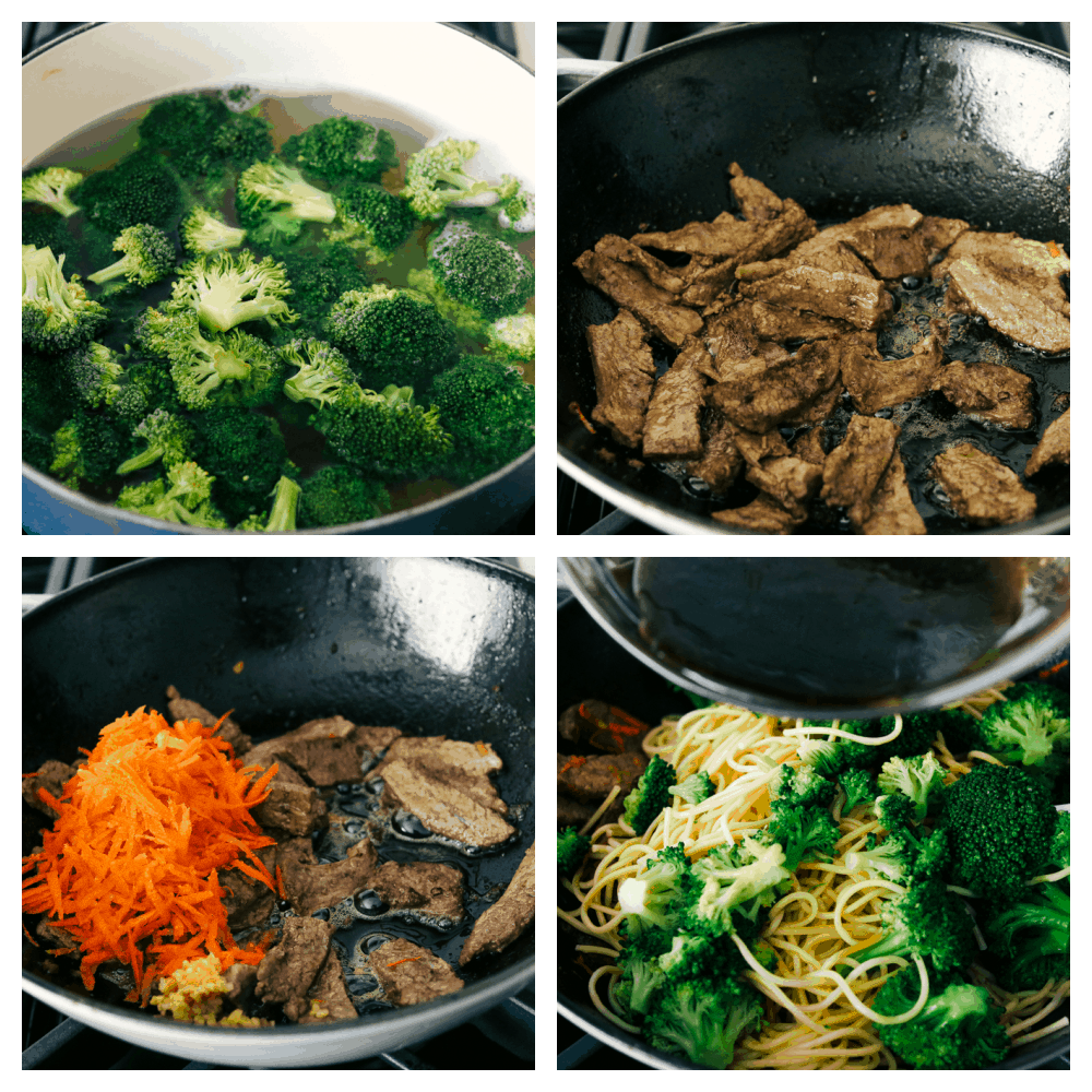 The process of making beef and broccoli lo mein. 