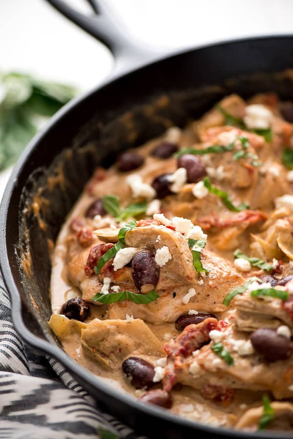 Creamy Mediterranean Chicken is a quick and easy comforting dish. It’s full of tender chicken, artichokes, kalamata olives, and sun dried tomatoes all robed in a delicious creamy sauce.