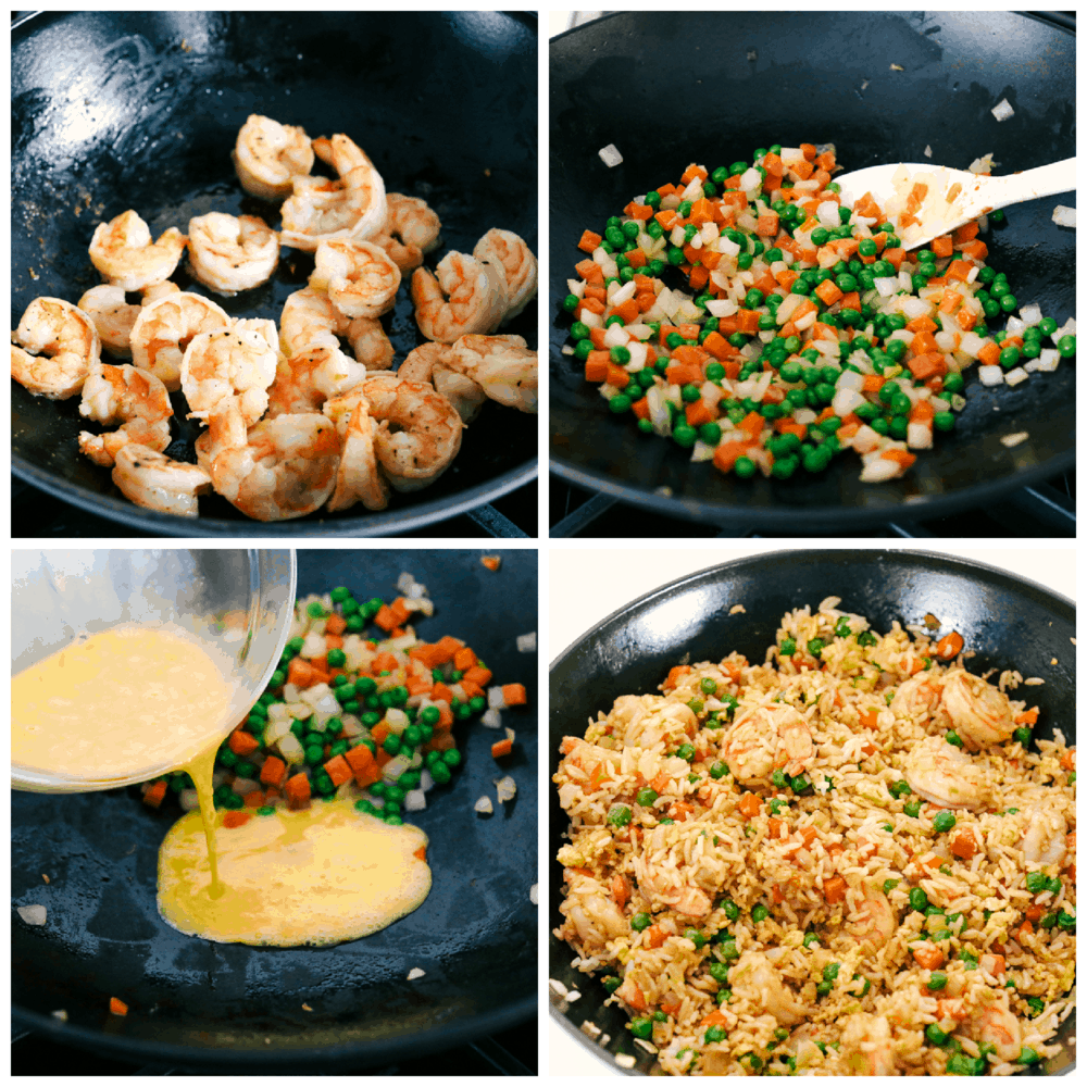 Sauteing shrimp, vegetables, eggs and rice for Shrimp fried rice. 