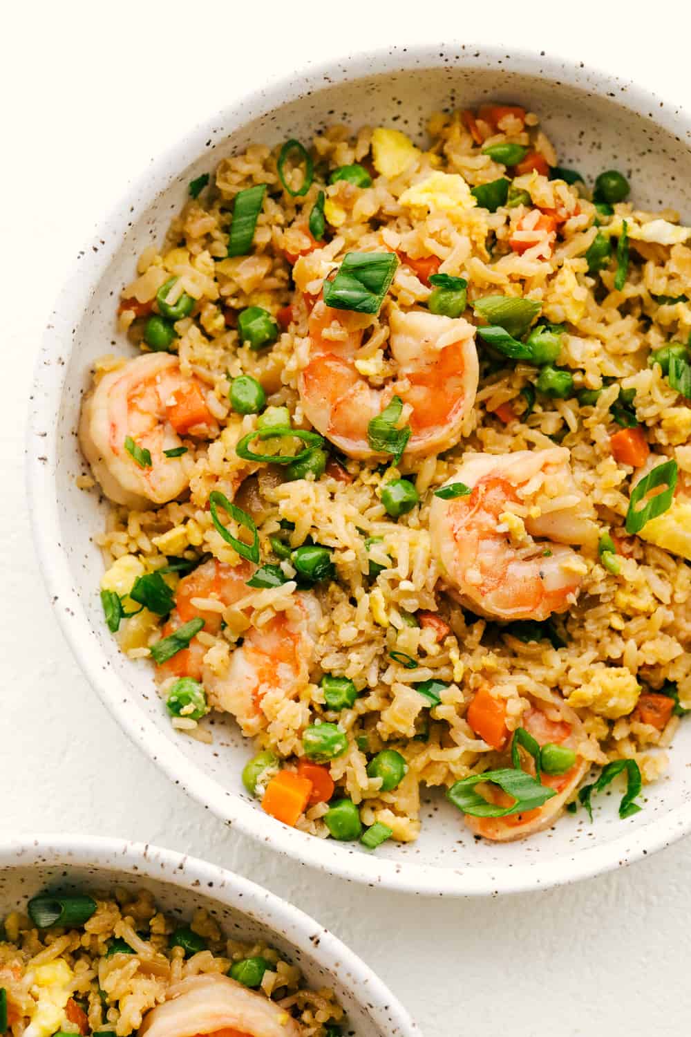 Shrimp fried rice in a bowl. 