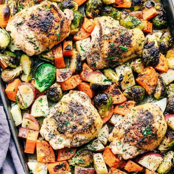 Sheet Pan Roasted Garlic Herb Chicken with Potatoes and Brussels ...