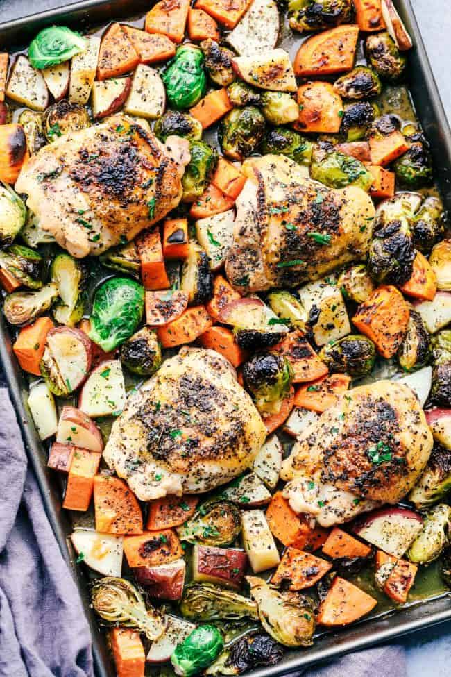 Sheet Pan Roasted Garlic Herb Chicken with Potatoes and Brussels ...