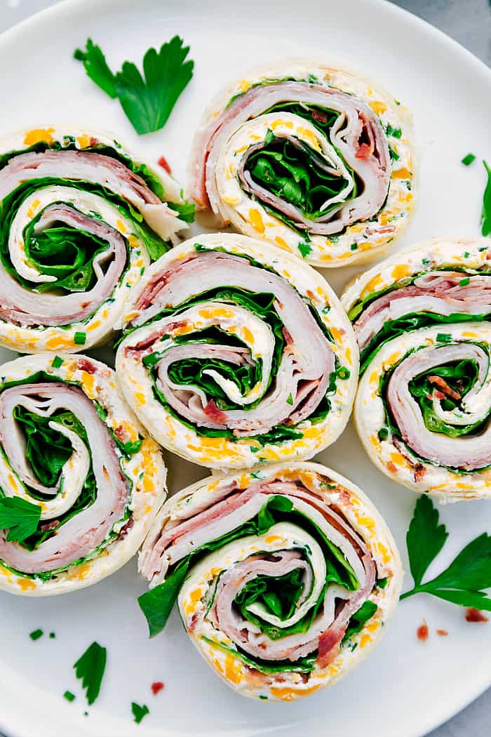 Turkey Bacon Ranch Pinwheels on a white plate.