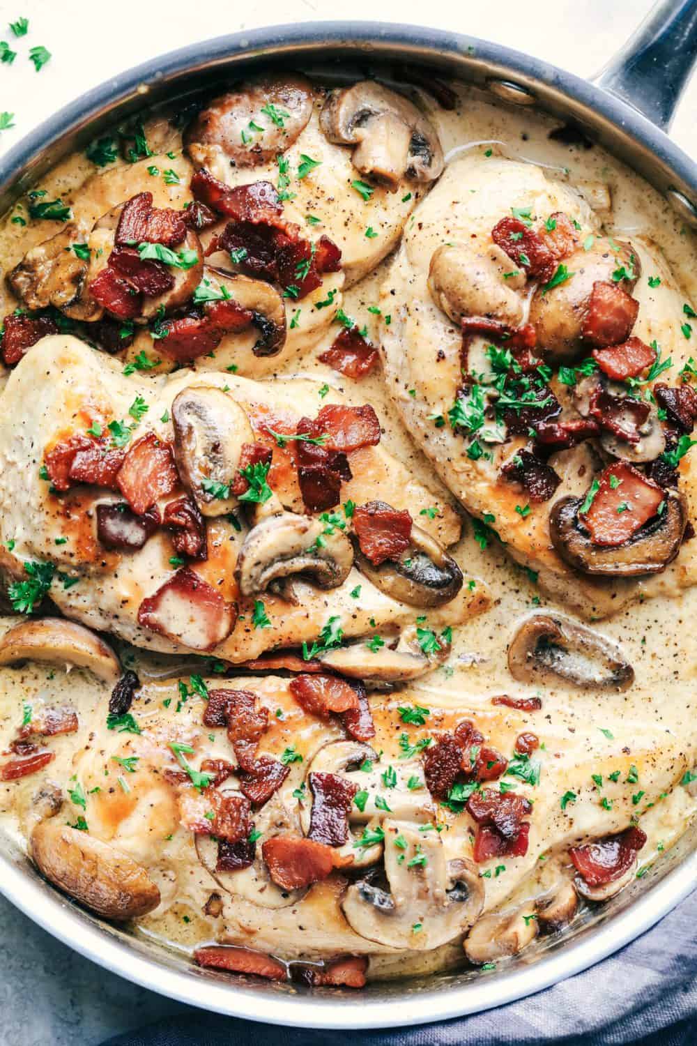 Creamy Balsamic Mushroom Bacon Chicken in the skillet.