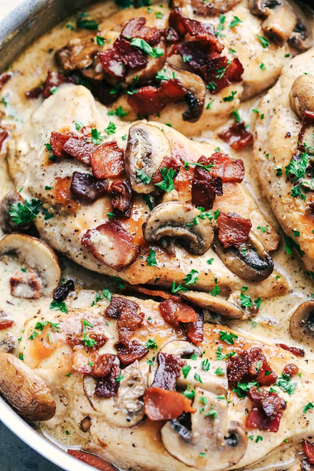 Creamy Balsamic Mushroom Bacon Chicken in the skillet.