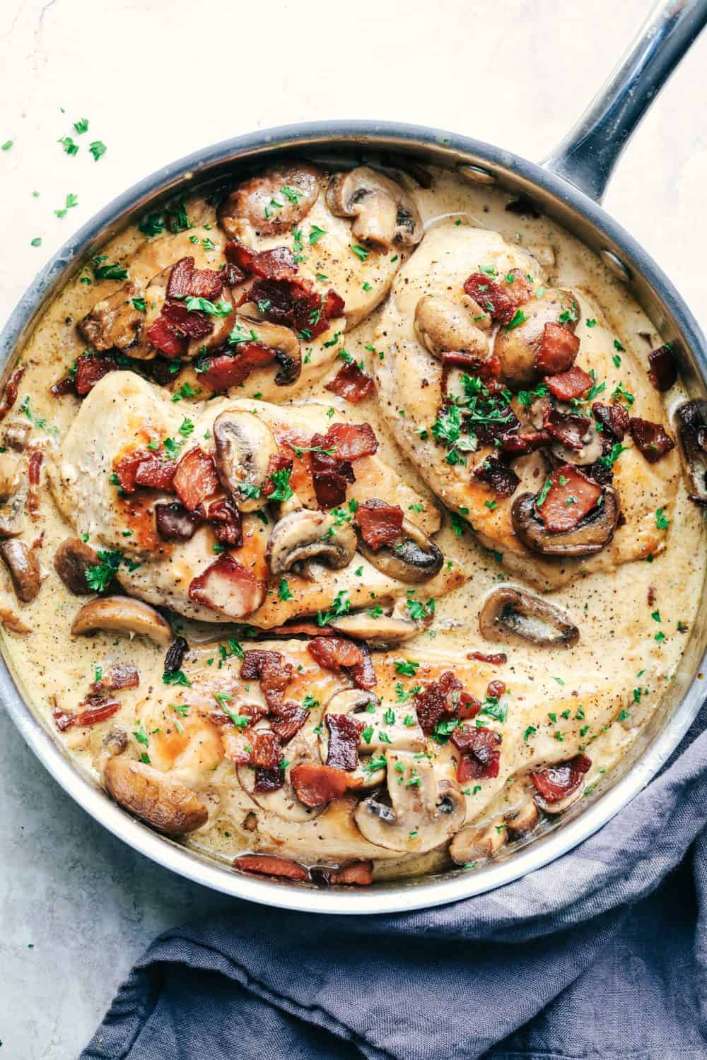 Creamy Balsamic Mushroom Bacon Chicken cooking in a skillet.
