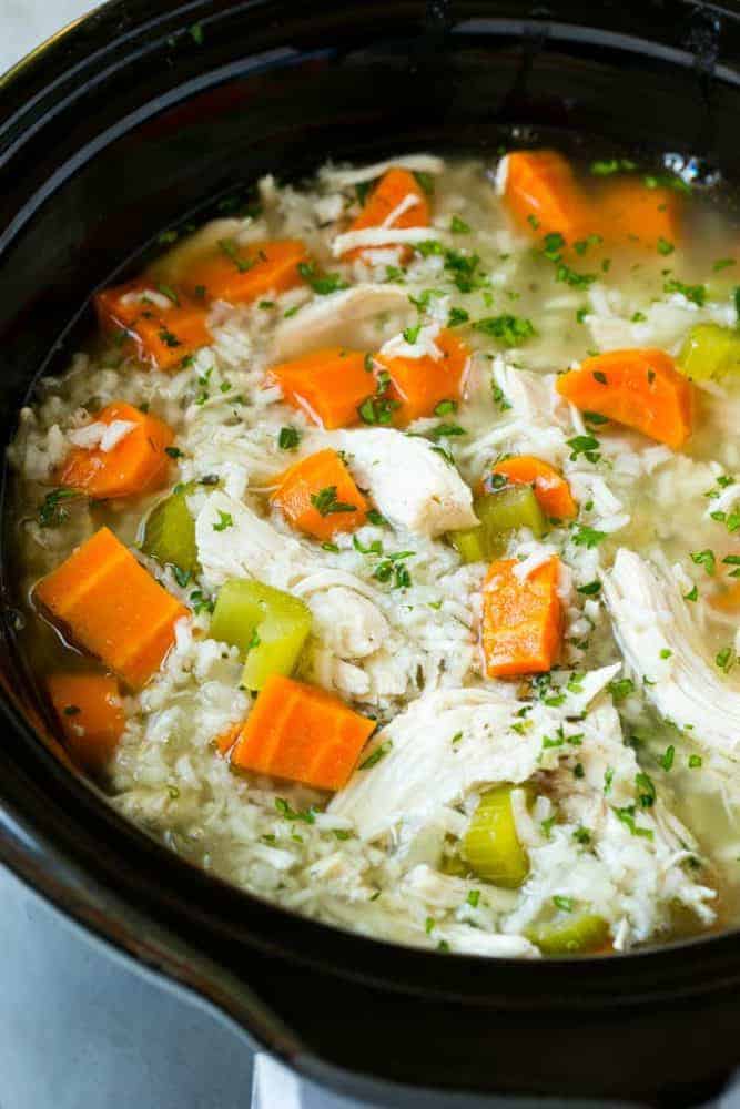 chicken and rice soup in a slow cooker.