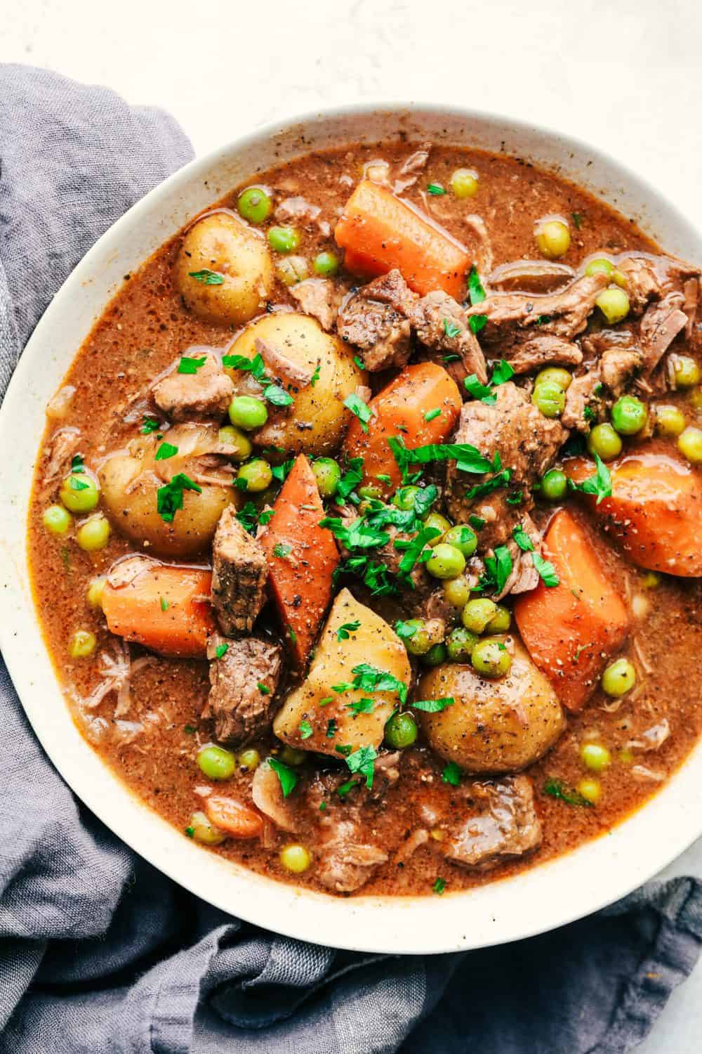 Best Ever Slow Cooker Beef Stew in a white bowl.