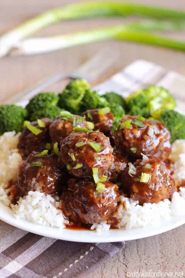 Easy Teriyaki Meatballs with white rice and broccoli on a white plate.