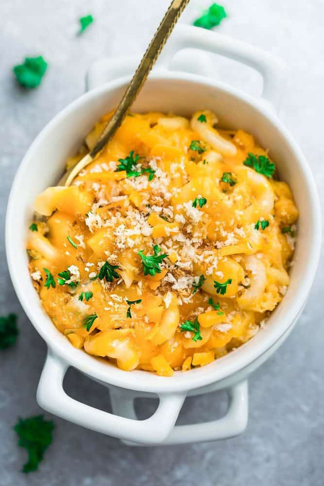 Slow Cooker Macaroni and Cheese in a white bowl.