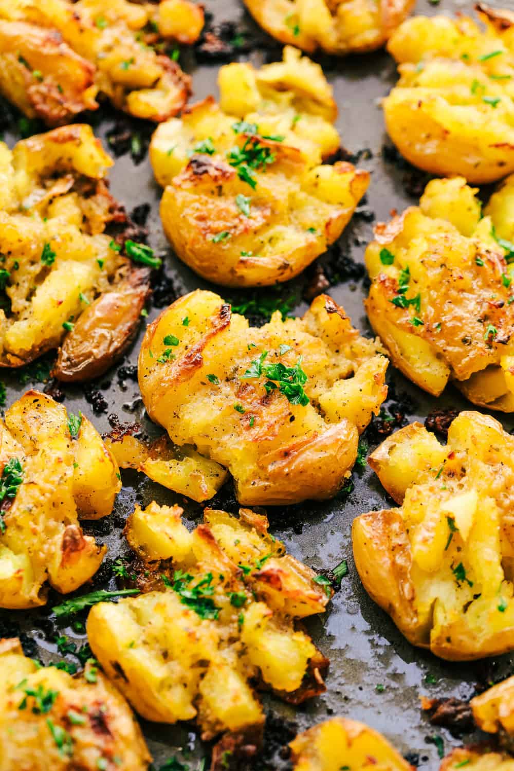 Garlic Ranch Smashed Potatoes on a pan.