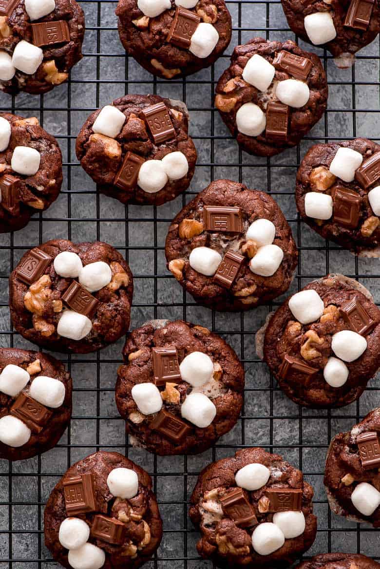 These rich Rocky Road Chocolate Cookies on a baking sheet.