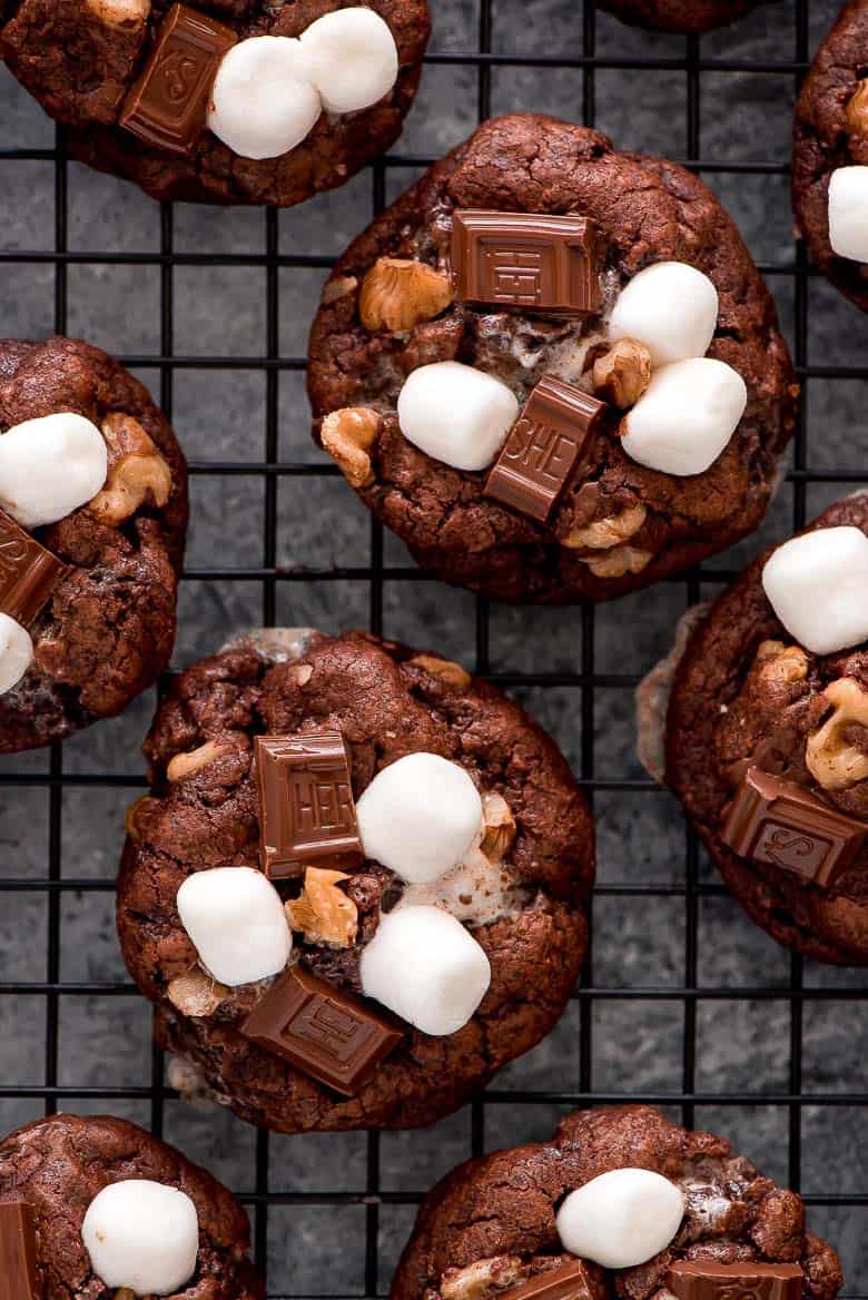 These rich Rocky Road Chocolate Cookies on a cooling rack.