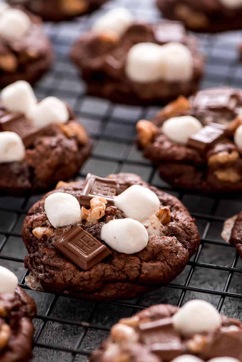These rich Rocky Road Chocolate Cookies on a baking sheet.
