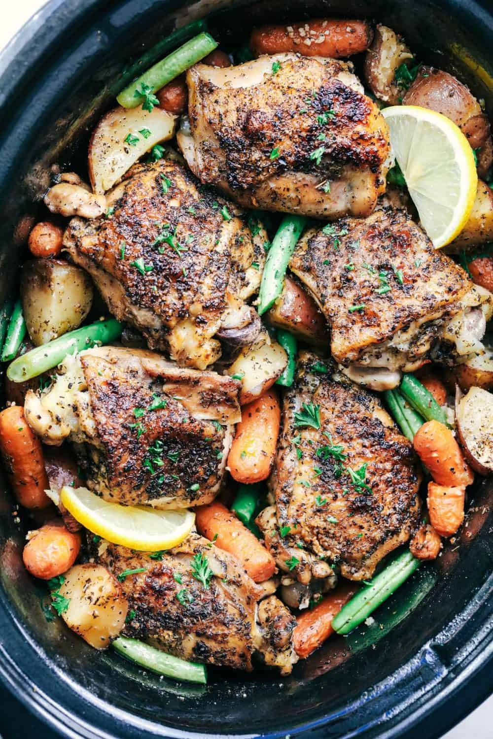 Slow Cooker Lemon Garlic Chicken Thighs And Veggies The Recipe Critic 