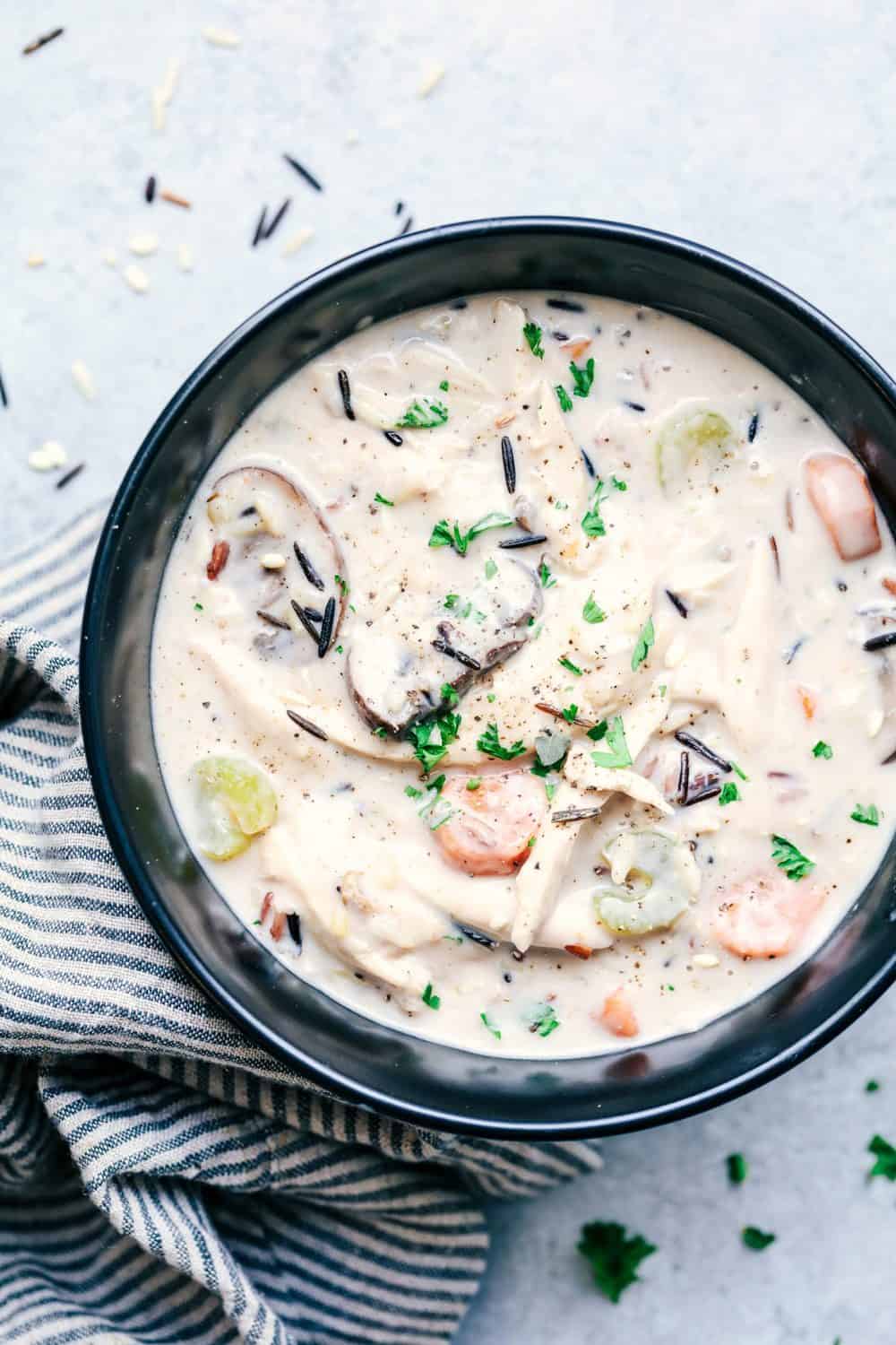 Creamy Turkey Wild Rice Soup in a bowl.