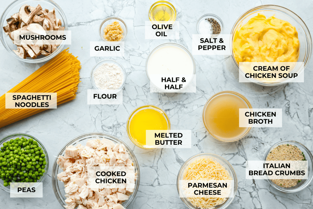 Overhead shot of labeled ingredients.