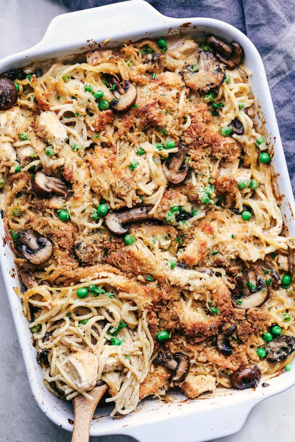 Chicken Tetrazzini Casserole in a white baking dish.