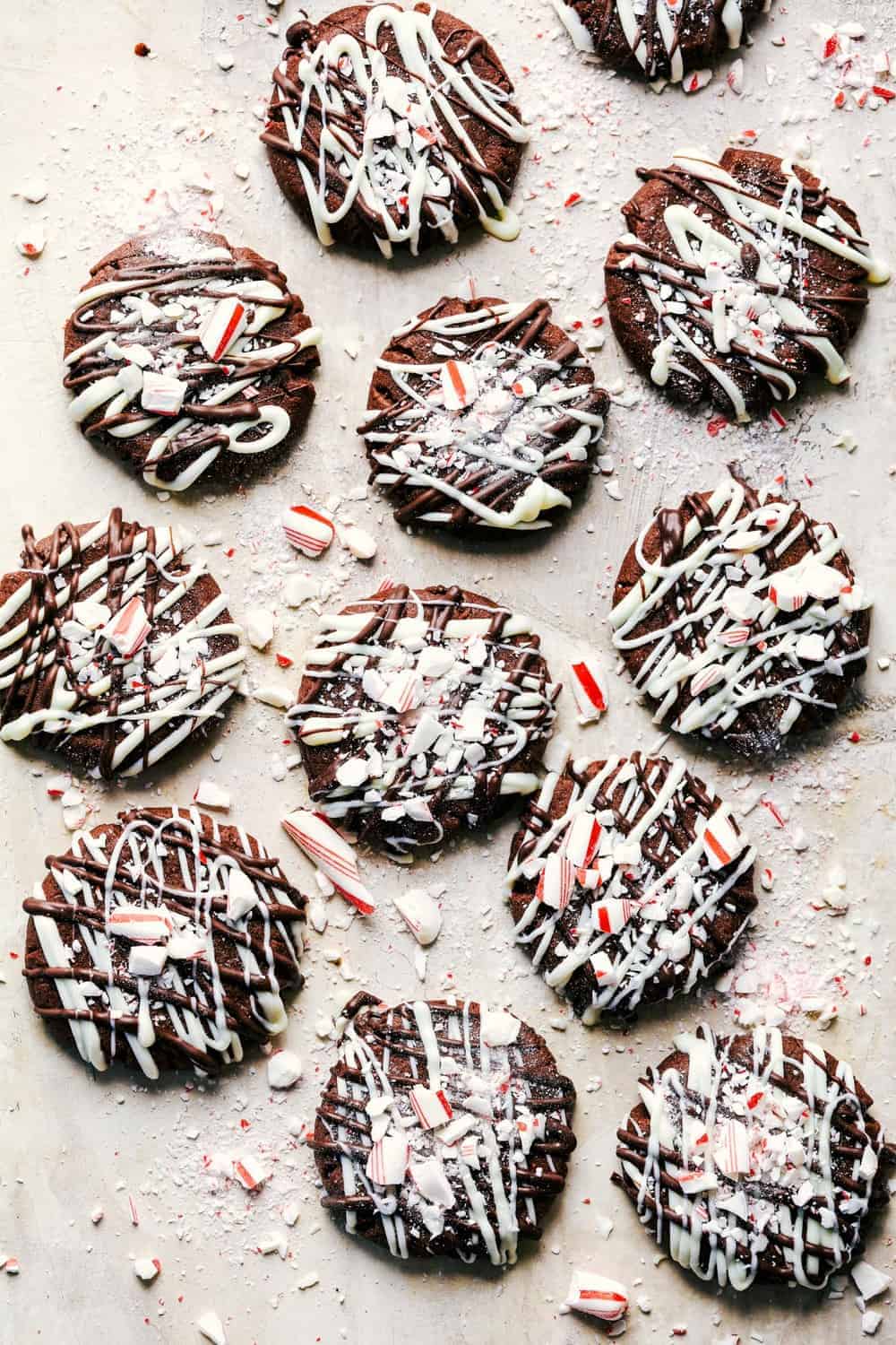 Triple Chocolate Peppermint Cookies in rows.