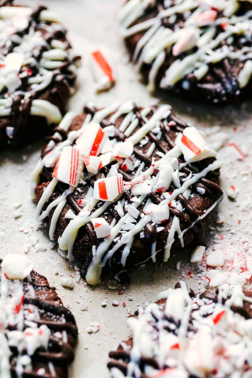 Triple chocolate peppermint cookies close up.